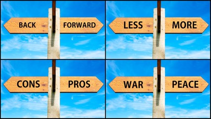 Photo collage of images with two opposite arrows over blue sky