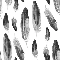 Vlies Fototapete Aquarellfedern Nahtloses Muster mit schwarzen Aquarellfedern. Ethnische Textur.