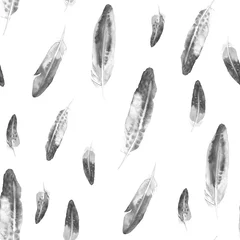 Abwaschbare Fototapete Aquarellfedern Nahtloses Muster mit schwarzen Aquarellfedern. Ethnische Textur.