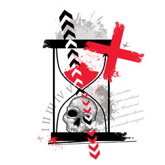 Vector illustration with dotted skull, cross, abstract arrows, hourglass and blots in red and black isolated. Sketch for tattoo in Trash Polka and dotwork style. Creative trash design for tattoo. © bokasana