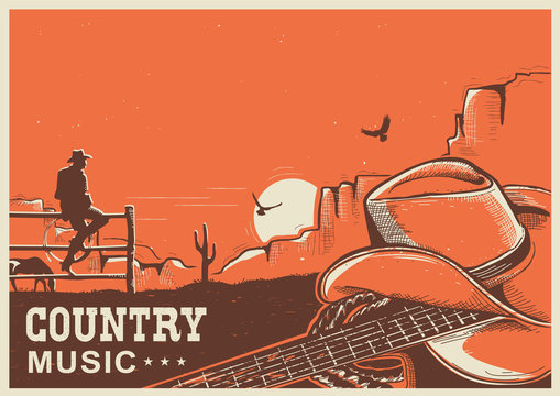 American Country Music Poster With Cowboy Hat And Guitar On Land