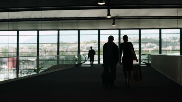Silhouette of couple carrying luggage in airport hall, tourism, business trip