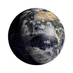 Planet Earth with night and day and clouds white