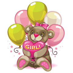 vector illustration. little baby brown bear with a balloon heart. inscription girl! in pink. Postcard and design element for the newborn.