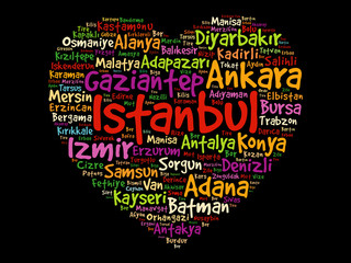 Heart word cloud with List of cities in Turkey, concept background