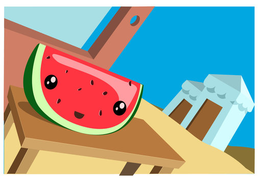 Kawaii watermelon on a table with a summer beach background. Vector Illustration
