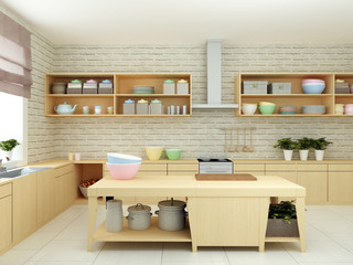 Modern light kitchen with hardwood elements and bright crockery