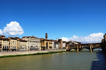 View from Ponte Santa Trinita  to Ponte Vecchio and River Arno in Florence, Tuscany Italy