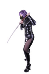 Sexy woman holding katana. Isolated on white background.