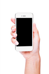 Hand holding White Smartphone with blank screen on white backgro