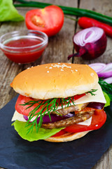 Burger on a Wooden Rustic Background