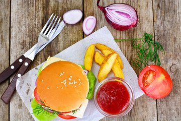 Burger on a Wooden Rustic Background