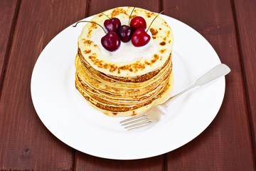 Tasty Pancakes with Cherry Stack