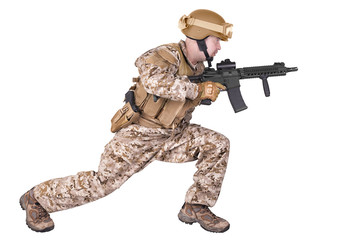 Soldier in uniform, ready to fight. Isolated on white background.