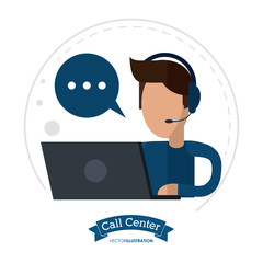 operator assistant man laptop headphone bubble call center technical service icon, Vector illustration