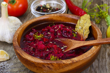Healthy Food: Soup with Beets, Tomato and Vegetables