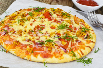 Pizza with Mushroom, Cheese, Mozzarella, Olives and Basil