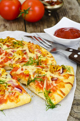 Pizza with Mushroom, Cheese, Mozzarella, Olives and Basil