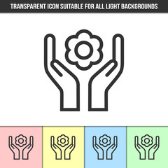 Obraz premium Simple outline transparent caring hands with flower icon on different types of light backgrounds