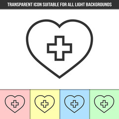 Obraz premium Simple outline transparent heart with cross medical icon on different types of light backgrounds