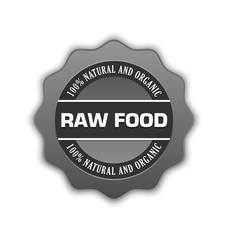 Grey raw food badge on white background
