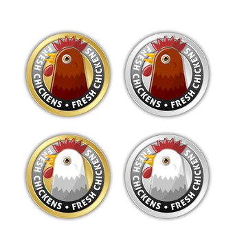 Golden and silver badges with chicken head and lettering FRESH CHICKENS isolated on white background