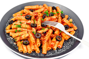 Pasta with Tomato Ketchup Sauce, Green Onions and Cheese