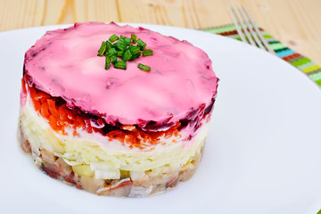 Russian Shuba Salad with Beetroot, Potatoes, Carrots and Herring