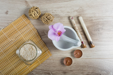 Spa beauty essential on wooden background