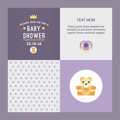 A set of four illustrations, backgrounds for baby shower invitations and post cards. Colored in violet flat vector illustartion