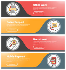 Fototapeta premium Flat design concept. Set of flat line business website banner templates. Template for wesite headers. Vector illustration. Modern thin line icons in circle. Office Work, Online Support, Recruitment