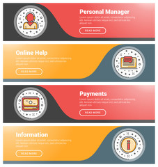 Fototapeta premium Flat design concept. Set of flat line business website banner templates. Template for wesite headers. Vector illustration. Modern thin line icons in circle. Personal Manager, Online Help, Payments