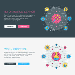 Set of flat line business website banner templates. Vector illustration. Modern thin line icons in circle. Illustration Concepts for Web Banners and Promotional Materials. Information search