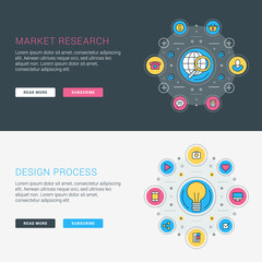 Set of flat line business website banner templates. Vector illustration. Modern thin line icons in circle. Illustration Concepts for Web Banners and Promotional Materials. Market research
