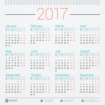 Calendar for 2017 year. Vector design stationery template. Week starts Monday. Flat style color vector illustration. Yearly calendar template