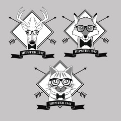 cat reindeer deer fox glasses frame arrows animal hipster style retro fashion icon.  Black white grey illustration