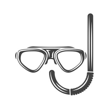 Scuba diving mask and tube. Black icon, logo element, flat vector illustration isolated on white background.