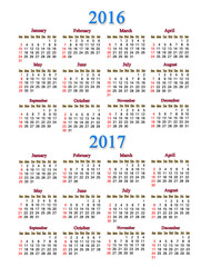 calendar for 2016 and 2017 years on the white