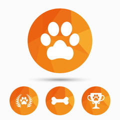 Pets icons. Dog paw sign. Winner laurel wreath.