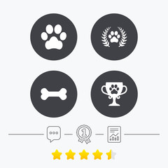 Pets icons. Dog paw sign. Winner laurel wreath.