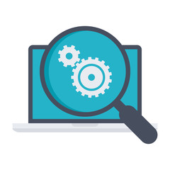 Testing software concept with laptop and wheel gears.