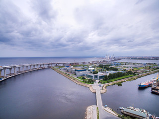 Aerial view of Kanonerskiy island in Saint-Petersburg, Russia with new high beltway