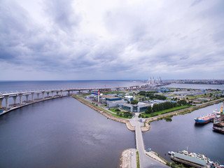 Obraz premium Aerial view of Kanonerskiy island in Saint-Petersburg, Russia with new high beltway