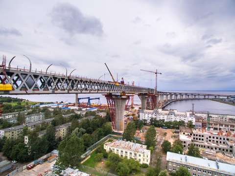 Aerial view of Kanonerskiy island in Saint-Petersburg, Russia with new high beltway 