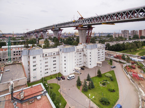 Aerial view of Kanonerskiy island in Saint-Petersburg, Russia with new high beltway 