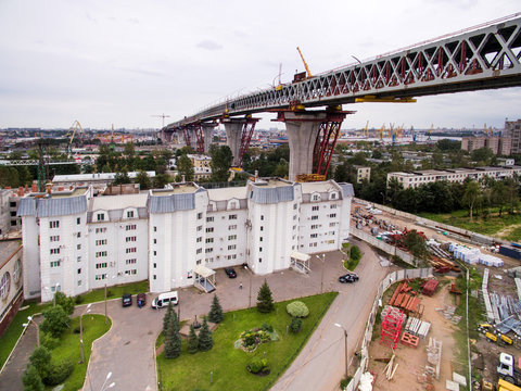 Aerial view of Kanonerskiy island in Saint-Petersburg, Russia with new high beltway 