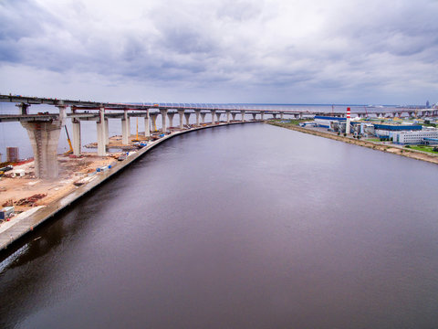 Aerial view of Kanonerskiy island in Saint-Petersburg, Russia with new high beltway