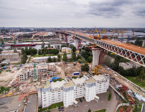 Aerial view of Kanonerskiy island in Saint-Petersburg, Russia with new high beltway 