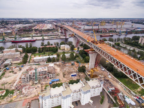 Aerial view of Kanonerskiy island in Saint-Petersburg, Russia with new high beltway 