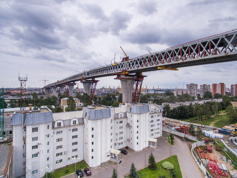 Aerial view of Kanonerskiy island in Saint-Petersburg, Russia with new high beltway 